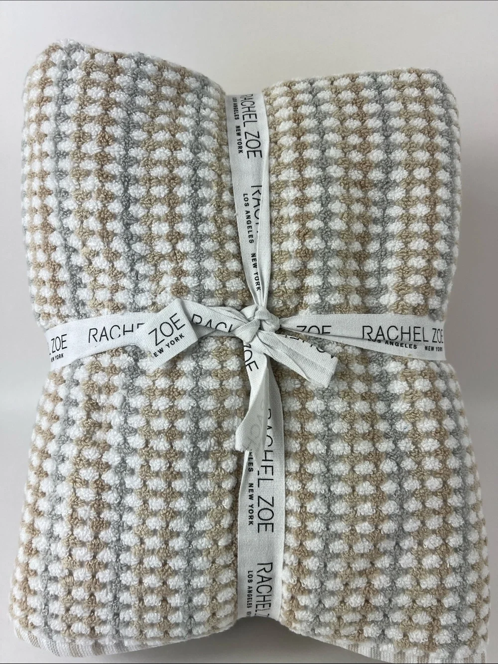 Rachel Zoe Bath Towel Set Grey Tan White Waffle Soft 100% Cotton 6 Pc NEW
